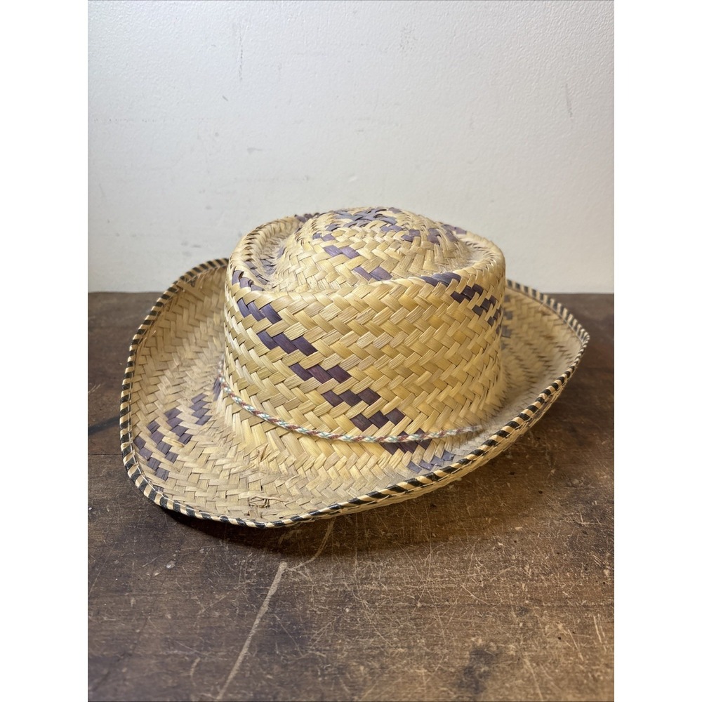 Vtg Youth Straw Hat Blue Woven With Chin String